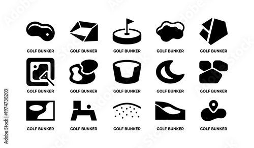Golf bunker icon set: creative black silhouettes and symbols