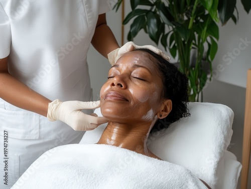 African American woman receiving facial treatment in spa