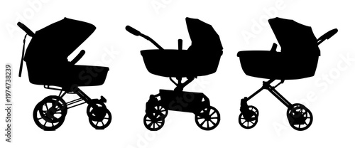 Baby stroller set with black silhouette against white background featuring infant, vehicle, transportation with dark outline and minimalist design