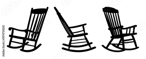 Rocking chair set with simple silhouette on white background featuring armchair, seating, lounge with black and white and minimalistic design elements.