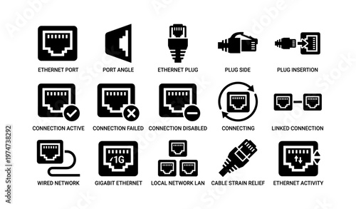 Ethernet connection icons: port, plug, network, cable, lan symbols collection