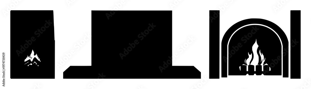 Obraz premium Fireplace set with black silhouette on white background featuring silhouette, minimalist, black and white with wall art and interior design