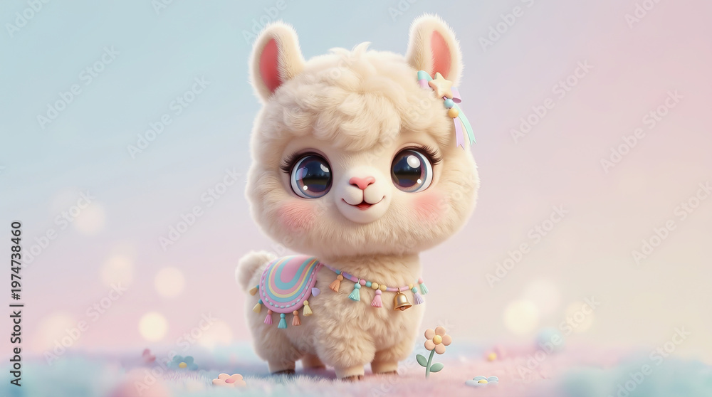Fototapeta premium Cute Cream Colored Alpaca Standing on Pastel Grass