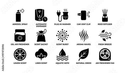 Assorted air freshener icons: spray, dispenser, warmer, clip, diffuser, gel, scent, waves