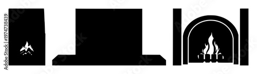 Fireplace set with black silhouette on white background featuring silhouette, minimalist, black and white with wall art and interior design