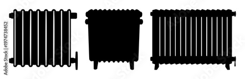 Radiator set with black silhouette against white background featuring radiator, mechanical component, heat exchanger with metal and tubes and coil.