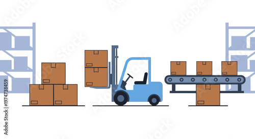Blue Forklift Moving Brown Boxes.