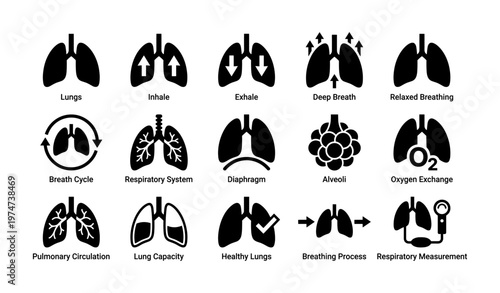 Respiratory system icons collection: lungs, breathing, pulmonary circulation, alveoli, diaphragm