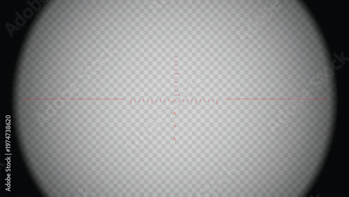 Scope sight view with red lines overlay. POV trought scope. Spy or peep with binoculars optics. Transparent vector overlay with dark mask. Observation overlay template.
