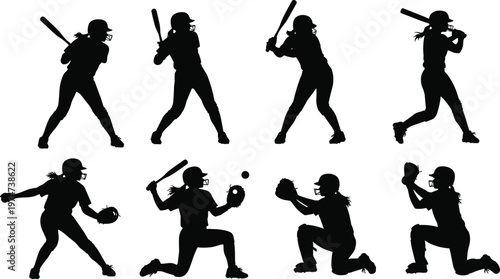Silhouettes of female softball players in action, including batting, pitching, catching, and kneeling poses, isolated on a clean white background.