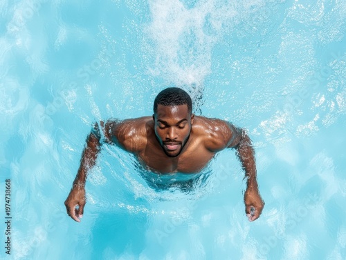 Calm Black man swimming in serene outdoor pool during daytime