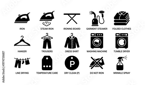Laundry icons: iron, steamer, washing machine, tumble dryer, folded clothes