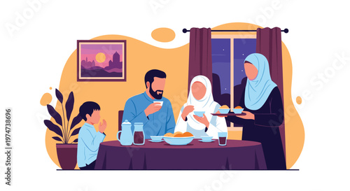 Happy Muslim family gathered around a dining table at home to share a meal and spend quality time together in peace.