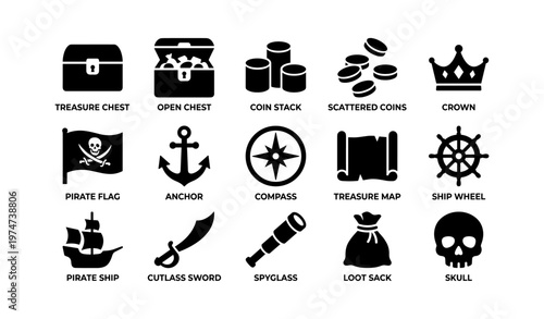 Pirate icons collection: treasure chest, compass, ship wheel