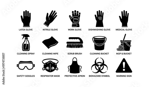 Safety equipment icons: gloves, cleaning tools, goggles, and hazard symbols