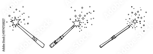 Magic wand set with black line art illustration on white background featuring magic wand, star dust, spell with illustration and vector