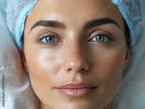 Calm young woman in medical setting with head covering indoors
