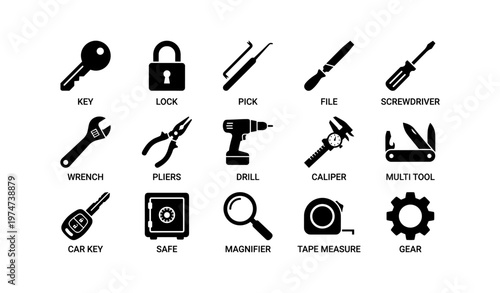 Collection of tools and security icons including key lock and drill