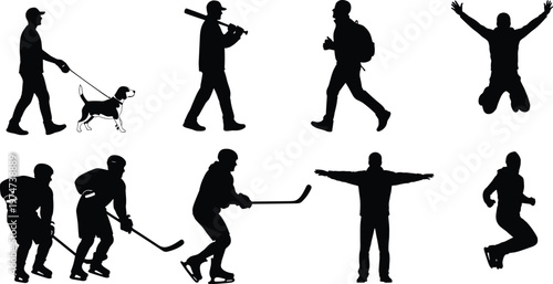 Silhouettes of people engaged in various sports and lifestyle activities including ice hockey dog walking hiking baseball and jumping for joy