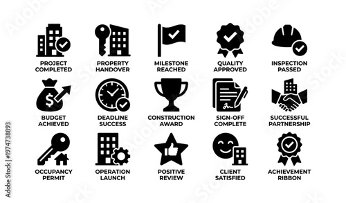 Icons representing project completion and success milestones