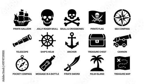 Pirate icons: skull, anchor, treasure chest, compass, telescope, cannon