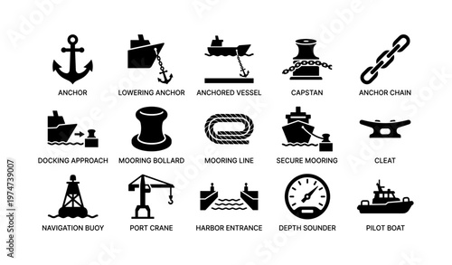 Maritime symbols: anchor, vessel, capstan, chain, crane, buoy, sounder, pilot