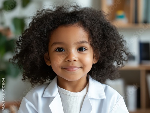 Happy Black girl in lab coat exploring science at home