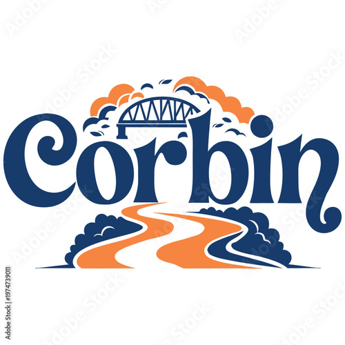 Vintage Style Corbin Kentucky Decorative Logo Featuring a Truss Bridge and Winding River Scenic Landscape Illustration
