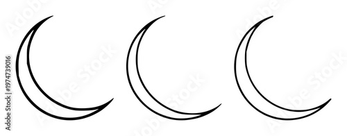 Moon set with minimalist crescent moon line art featuring crescent moon phase, black line, white background with black and white and line art