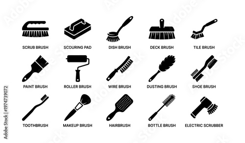 Types of brushes and cleaning tools icons set