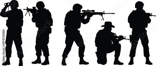 Silhouettes of soldiers in tactical gear including sniper, scout with binoculars, and infantry in combat poses, isolated on white background.