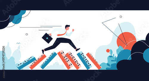 Resourceful businessman jumping over a row of falling dominoes to stop a chain reaction and avoid a corporate crisis.
