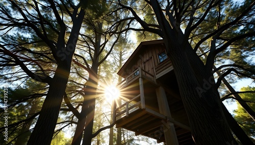 Rustic wooden treehouse captured from below looking up through towering trees, sunlight streaming between branches creating dramatic rays, cinematic outdoor atmosphere 2