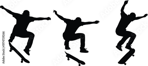 Skateboarder silhouette set collection jumping performing trick ollie flip action stunt urban sport man riding skateboard isolated on white background.