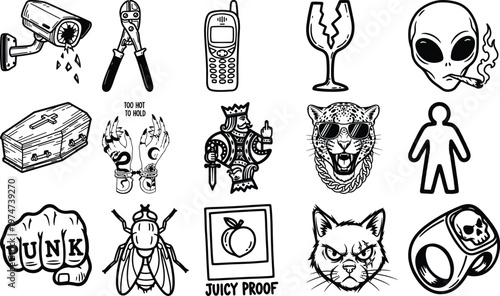 Collection of tattoo flash style illustrations with flying buttress security camera broken glass human figure black and white punk rock memento mori illustration graffiti minimalist