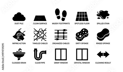 Cleaning icons collection: dust, floors, stains, drains, and surfaces