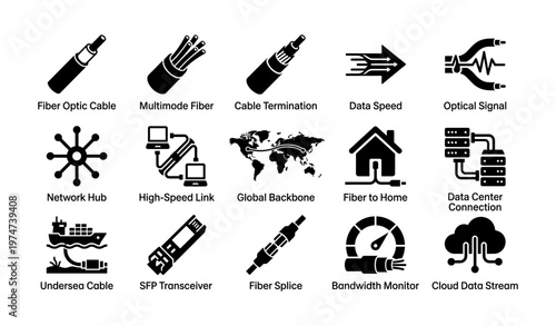 Fiber optic communication icons: cables, connectivity, data, networks, technology