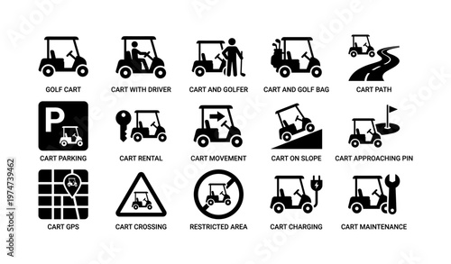 Golf cart icons set: driver, golfer, parking, rental, charging, maintenance