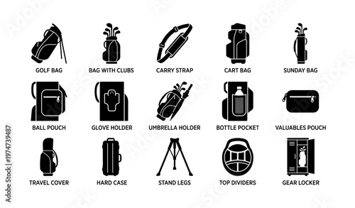 Golf bag and accessories icons set: clubs, straps, pouches, covers, holders