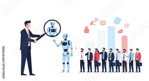 HR manager using a magnifying glass to inspect a robot in a lineup of candidates for a job recruitment process.