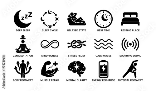 Symbols representing relaxation and recovery for sleep wellness and stress relief