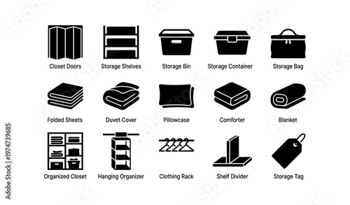 Home storage solutions: organizers, containers, and accessories icons