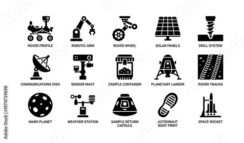 Space exploration icons: rover, robotics, solar panels, and more elements
