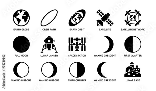 Space exploration icons: moon phases, satellites, orbits, lunar lander, space station