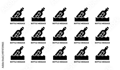 Icon set of message in a bottle illustrations with waves