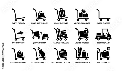 Trolley icons: handbag, cargo, stacked, electric cart, luggage variations