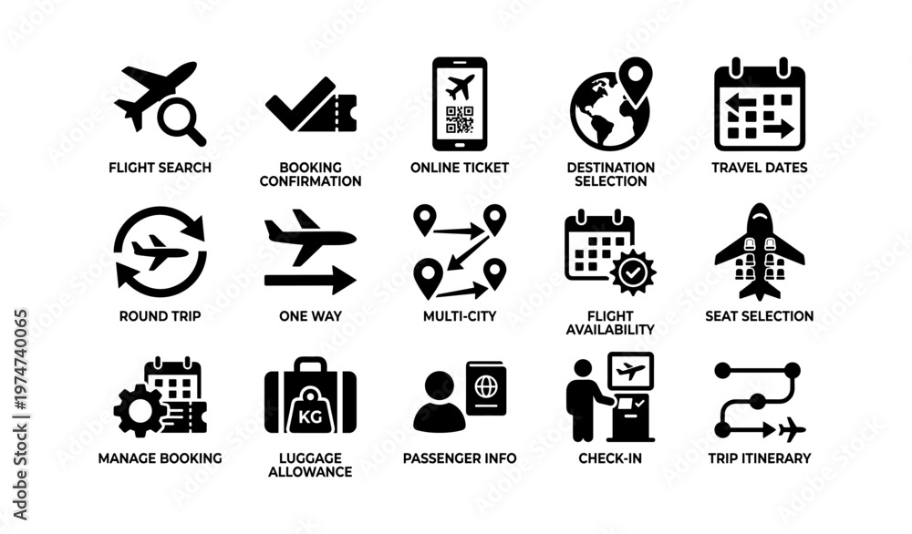 Fototapeta premium Air travel icons: booking, destination, flight, check-in, luggage