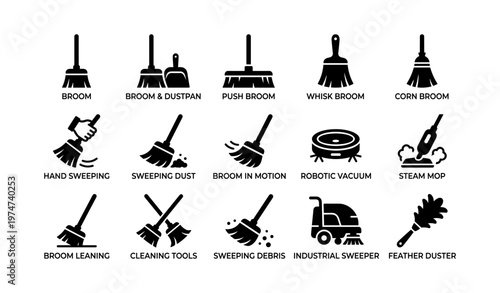 Various cleaning tools and equipment illustrations for household and industrial use