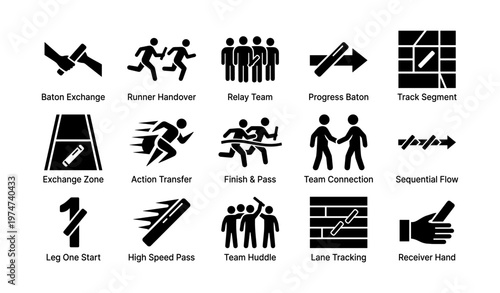 Relay race icons: baton exchange, runner handover, progress, team connection, high speed pass