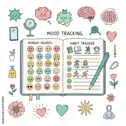 Mood tracking and habit tracker doodle set with various emotional faces, plants, brain, mirror, soap dispenser, and sun on white background.